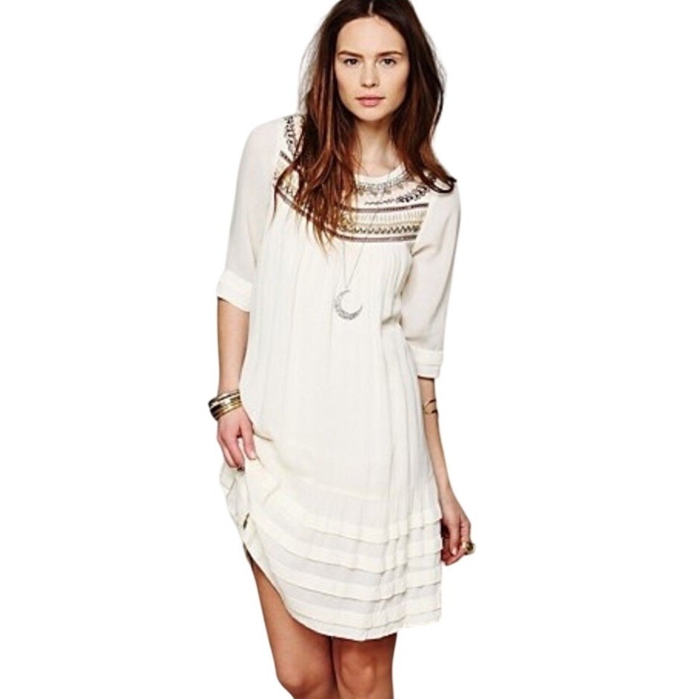 Free‎ People Beaded Boho Mini Dress M Ivory Cream Festival Cottage Spring Hippie